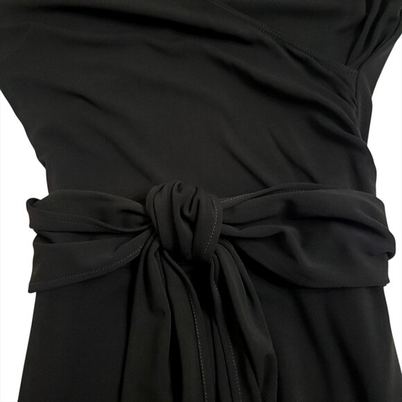 BCBGMaxAzria Black Faux Wrap Midi Dress M 3/4 Sleeve Tie Ruched Minimalist - Picture 9 of 12